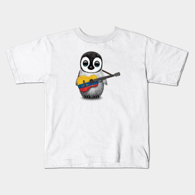 Baby Penguin Playing Colombian Flag Guitar Kids T-Shirt by jeffbartels